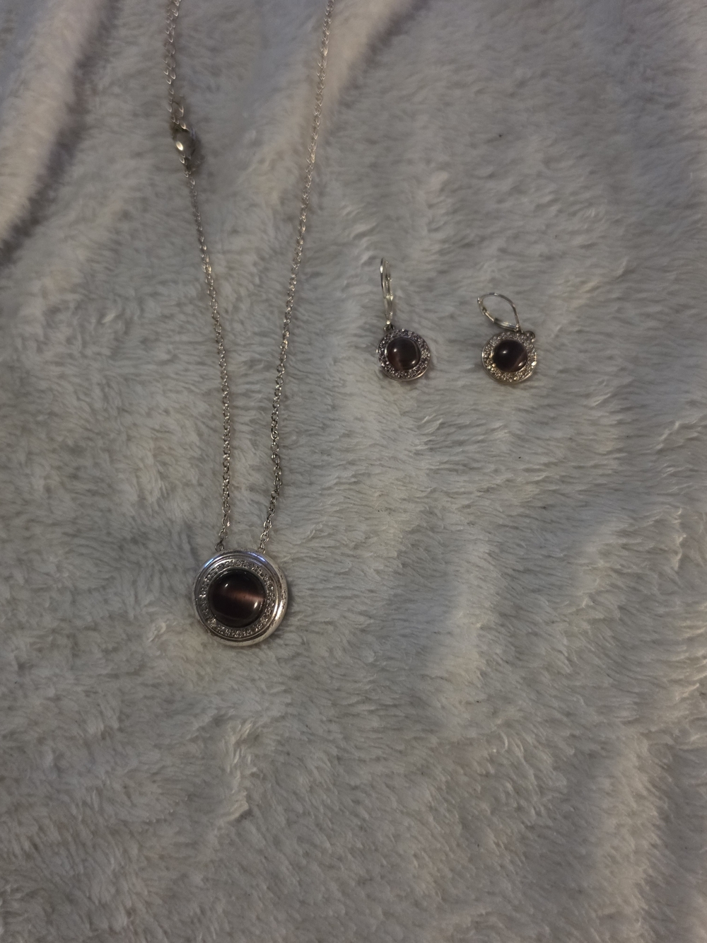 Sterling Silver Brown Stone Pendant Necklace & Earrings Set